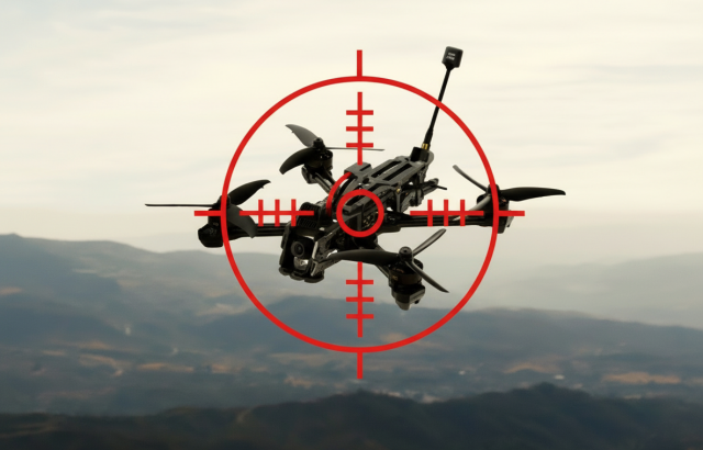 Firefly_Gemini Flash_dron z tego zdjęcia w dobrej rozdzielczości z czerwonym celownikiem, sam dron z tłem  148539.png